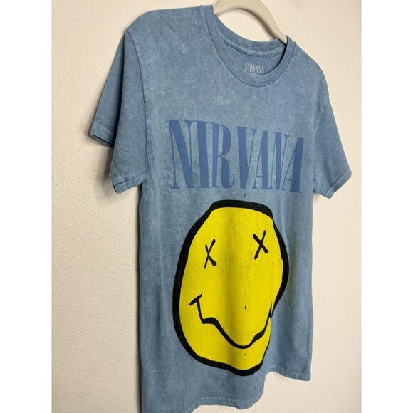 Nirvana Sz S Smiley Face Graphic T-Shirt Blue Gray Distressed Short Sleeve Flaws - Picture 2 of 9